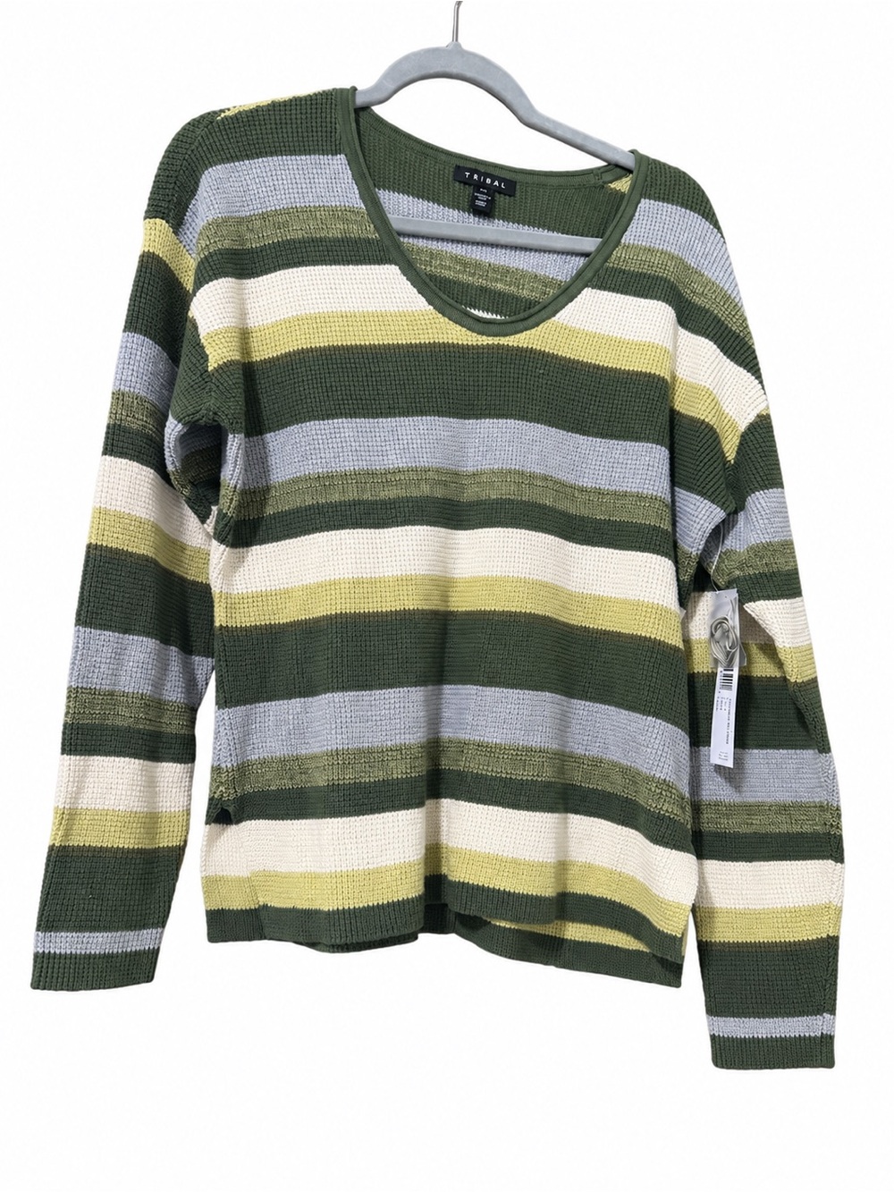 Tribal Olive, 100% cotton Cream & Light Gray Striped V-Neck Sweater